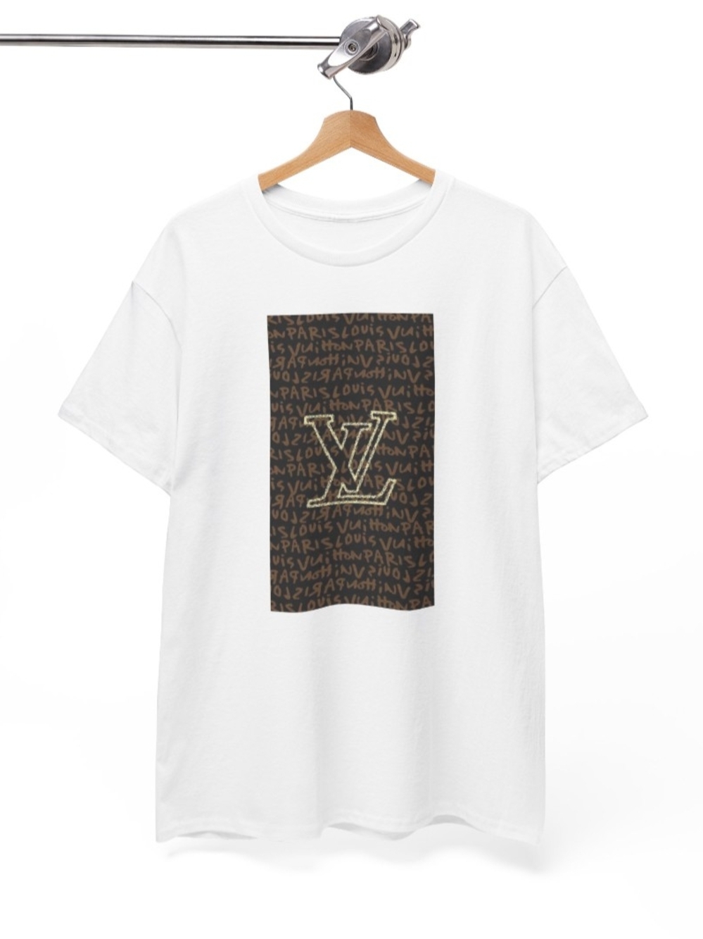 Louis Vuitton White Tee with Brown Monogram Panel and Gold LV